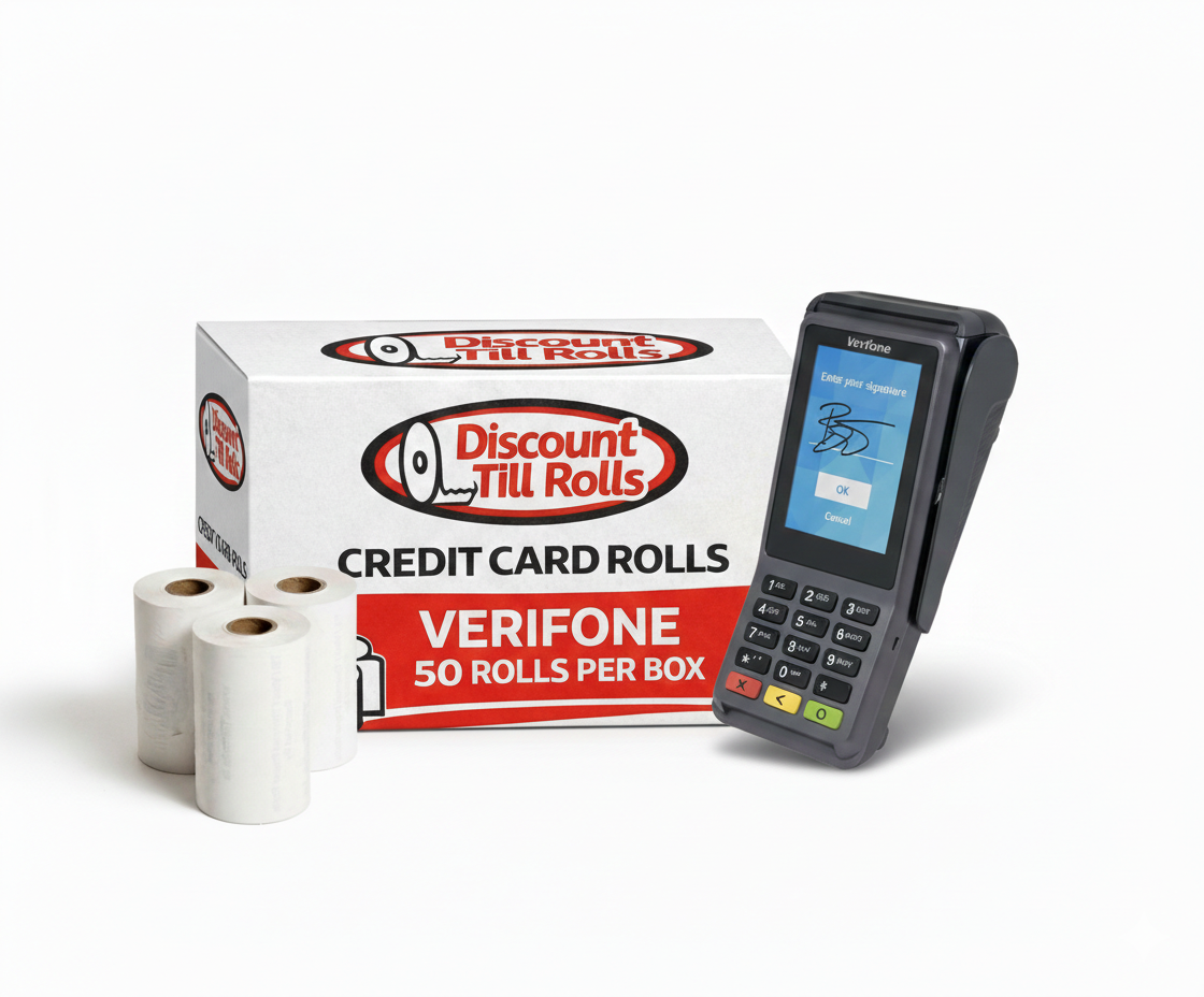 Verifone V400c credit card terminal with Discount Till Rolls packaging on a white background