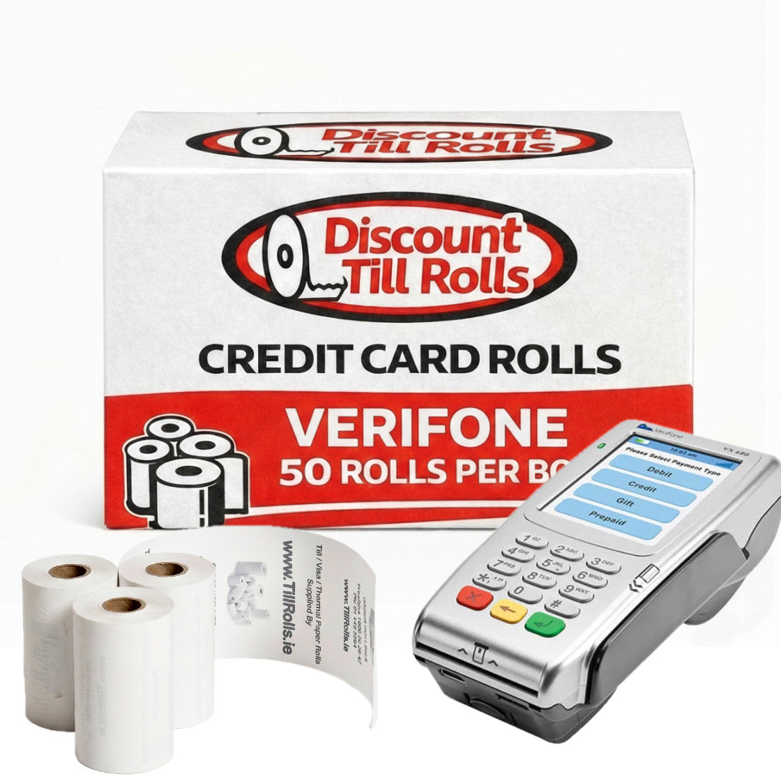Discount Till Rolls packaging with credit card rolls and Verifone machine on a white background