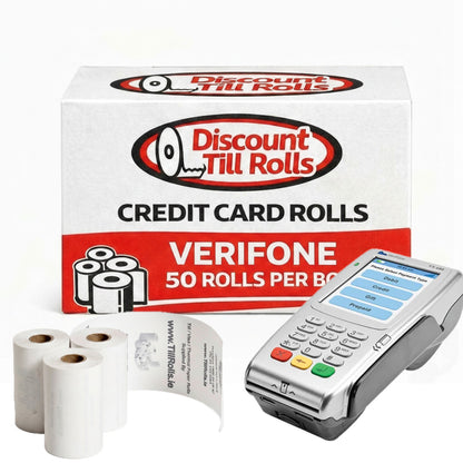 Discount Till Rolls packaging with credit card rolls and Verifone machine on a white background