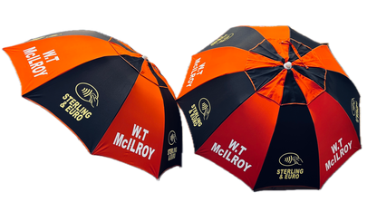 Two red and black umbrellas with branding W.T McIlroy on a white background