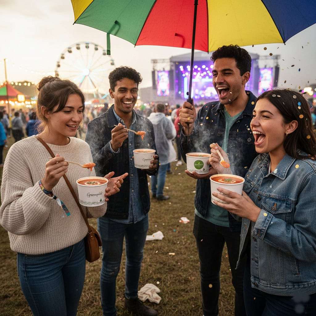 Four friends enjoying soup in a 16oz White Greenspirit Compostable soup Container at a festival under a colorful umbrella.
