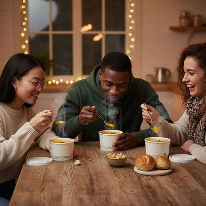 Three friends enjoying a meal in a 16oz White Greenspirit Compostable soup Container together at a wooden table with warm lighting.