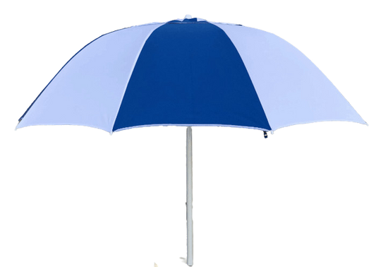 Blue white racecourse bookmakers umbrella on a white background