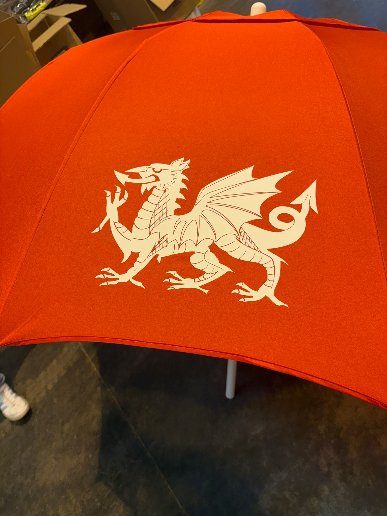 Red Bookmakers  umbrella with a branded white dragon design for Wrexham racing on a dark floor.
