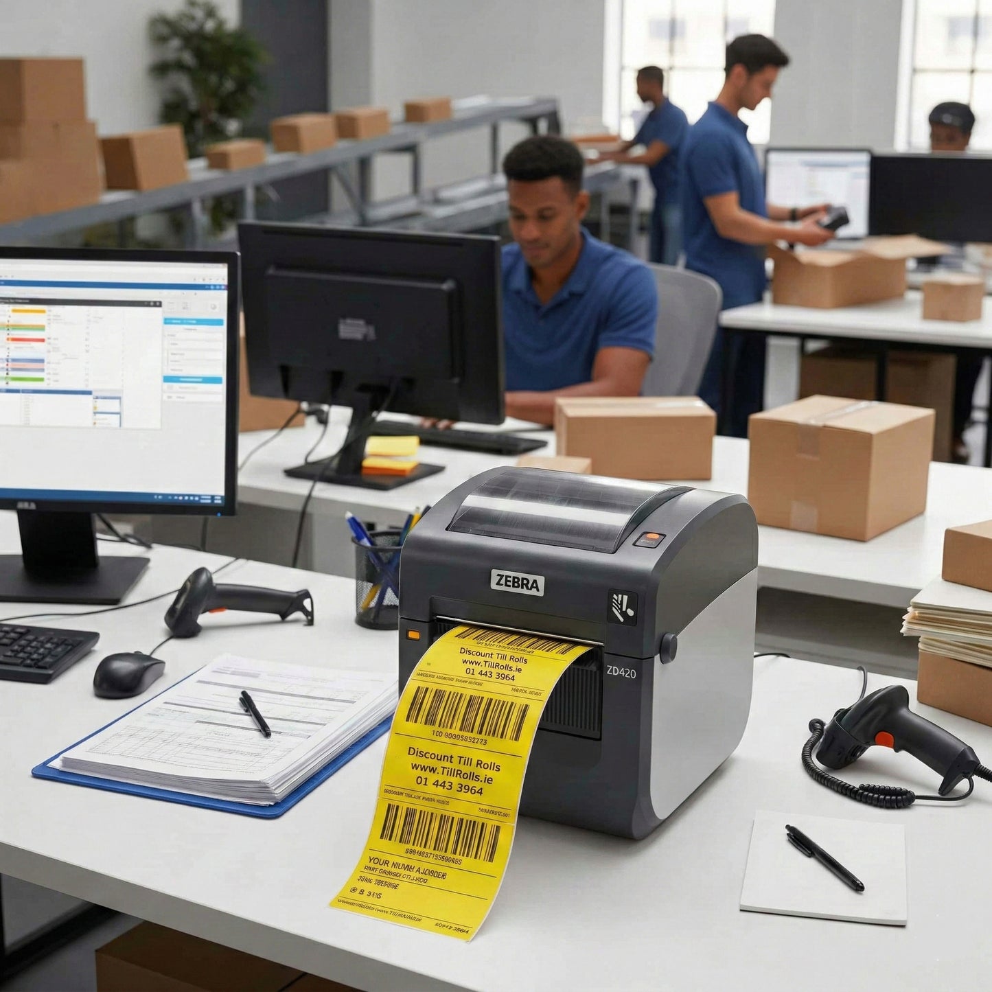 Zebra label printer on a desk printing Yellow Zebra compatible labels with a person working in the background