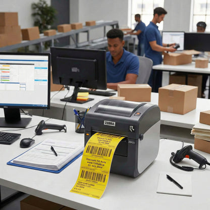 Zebra label printer on a desk printing Yellow Zebra compatible labels with a person working in the background