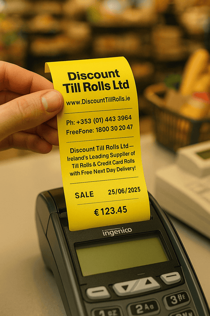 Yellow Credit Card Rolls 57x40mm – Coreless | 20 Roll Box | Ireland