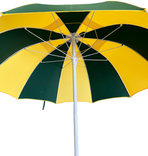 Green and yellow racecourse bookmaker umbrella on a white background under view