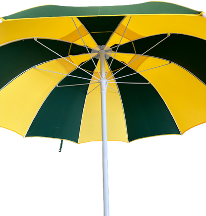 Green and yellow racecourse bookmaker umbrella on a white background under view