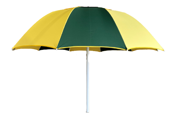 Yellow and green racecourse bookmaker umbrella on a white background