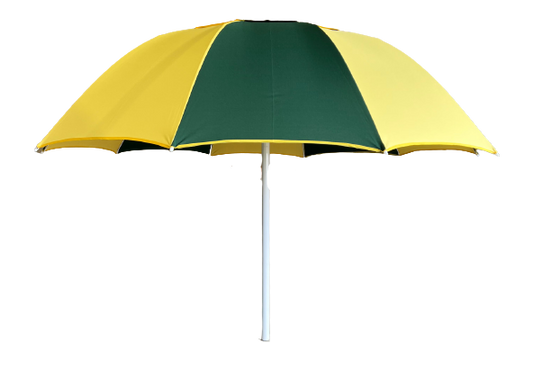 Yellow and green racecourse bookmaker umbrella on a white background