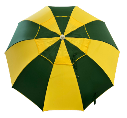 Green and yellow racecourse bookmaker umbrella on a white background TOP VIEW