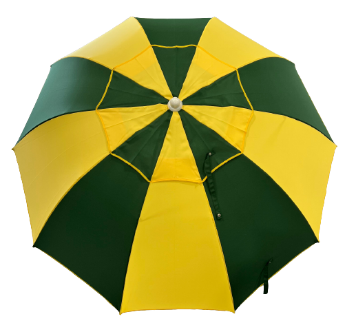 Green and yellow racecourse bookmaker umbrella on a white background TOP VIEW