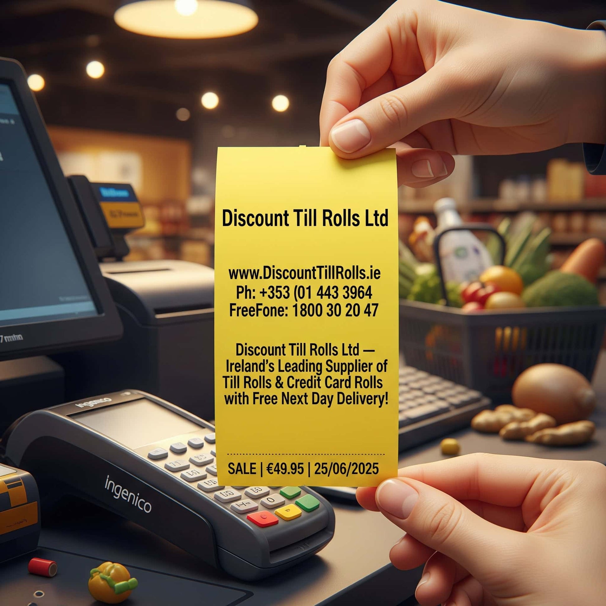 Yellow credit card receipt being held by a customer