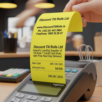 Yellow credit card receipt being printed from a terminal