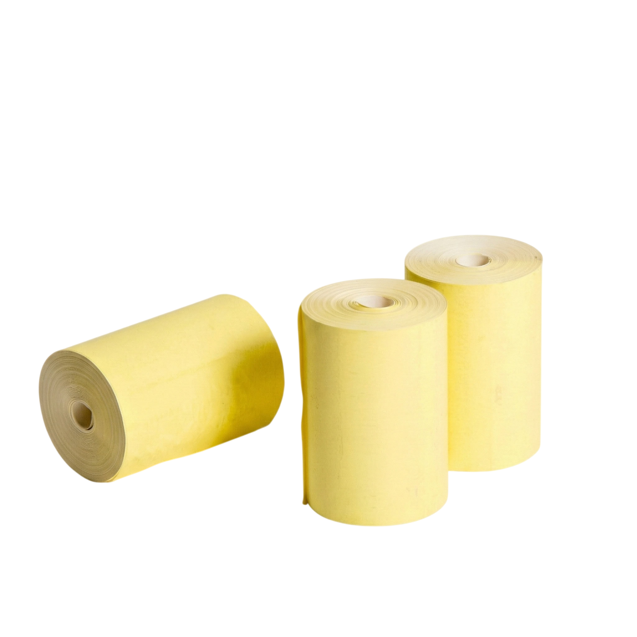 3 Yellow credit card rolls on a white background