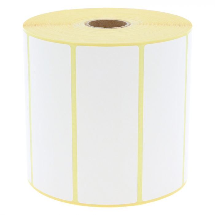 Roll of 102x38mm 800264-155 white labels with yellow border on a white background