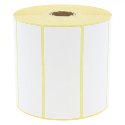 Roll of 102x38mm 800264-155 white labels with yellow border on a white background