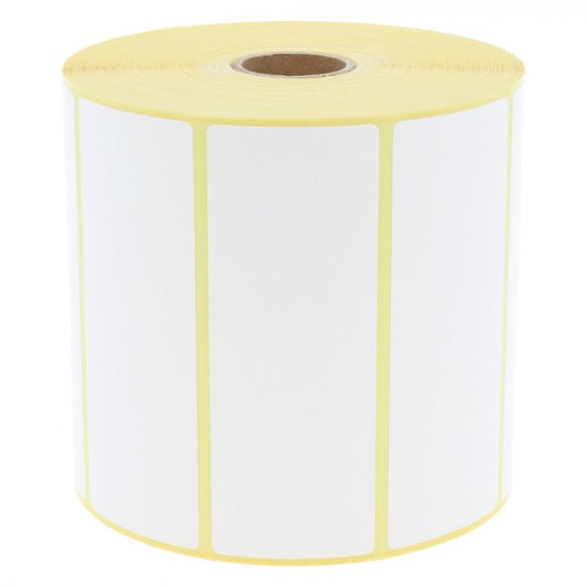 Roll of 102x38mm 800264-155 white labels with yellow border on a white background