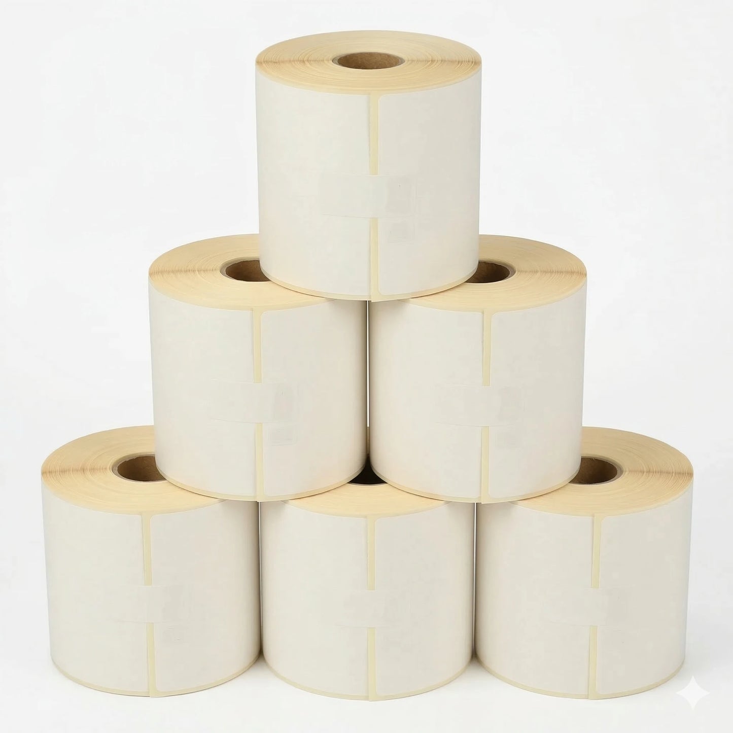 Stack of Zebra 800264-605 / 800284 white label rolls 300 per roll on a white background