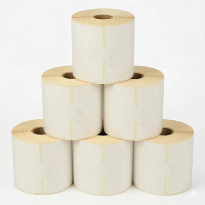 Stack of Zebra 800264-605 / 800284 white label rolls 300 per roll on a white background