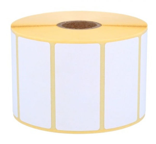 Roll of 76x2mm Zebra compatible white labels with a yellow border on a white background