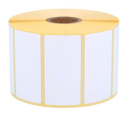 Roll of 76x2mm Zebra compatible white labels with a yellow border on a white background