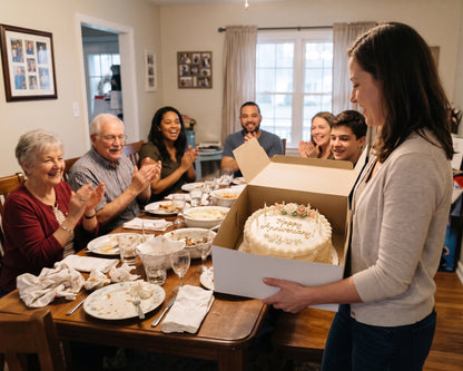 A woman stands at a dining table holding an open white cake box with a white frosted birthday cake, surrounded by a family clapping and celebrating in a home dining room.