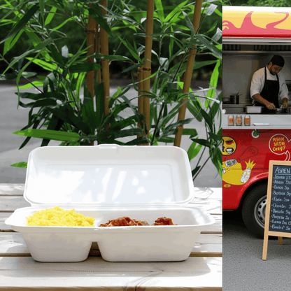 Bagasse 2 compartment box with fried rice and chili chicken