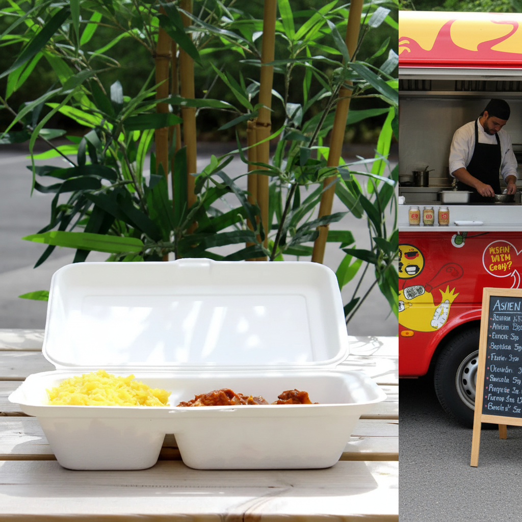 Bagasse 2 compartment box with fried rice and chili chicken