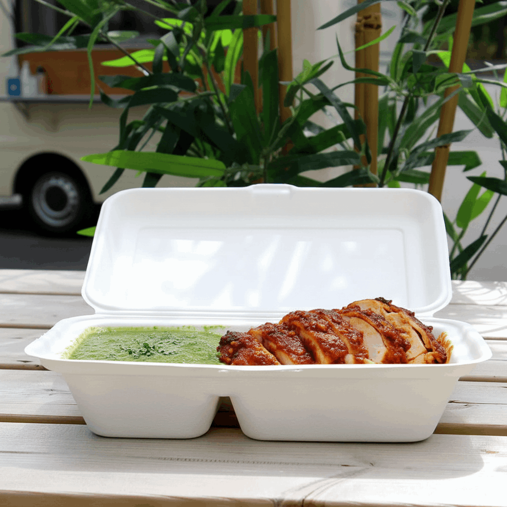 Bagasse 2 compartment box with green sauce and spicy chicken slices