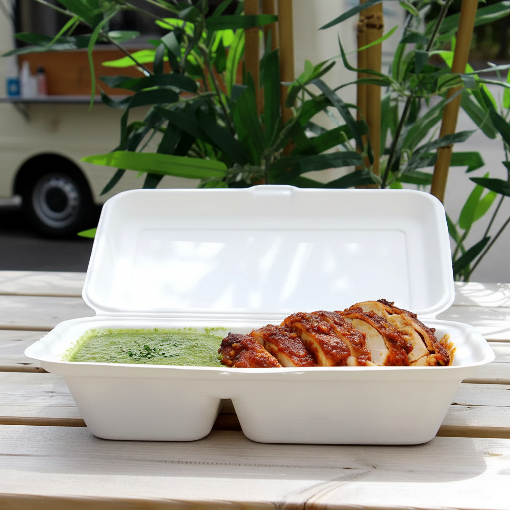 Bagasse 2 compartment box with green sauce and spicy chicken slices