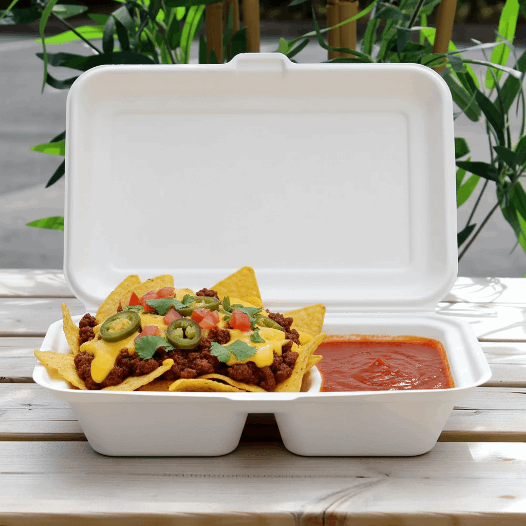 Bagasse 2 compartment box with red dipping sauce and chili nachos