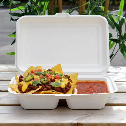 Bagasse 2 compartment box with red dipping sauce and chili nachos