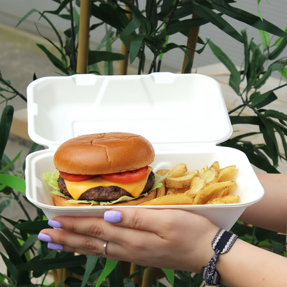 Bagasse meal box with cheeseburger and chips
