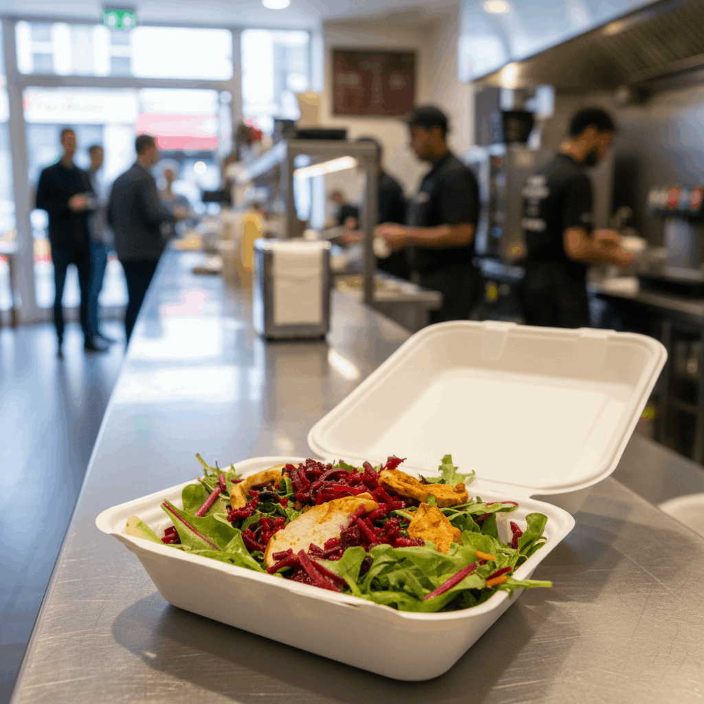 Bagasse meal box with chicken salad in busy takeaway setting