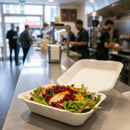 Bagasse meal box with chicken salad in busy takeaway setting