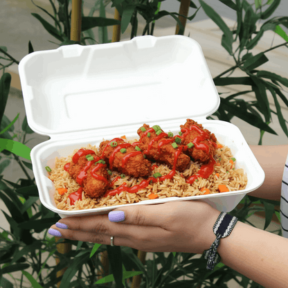 Bagasse meal box with fried rice, chili chicken and red sauce