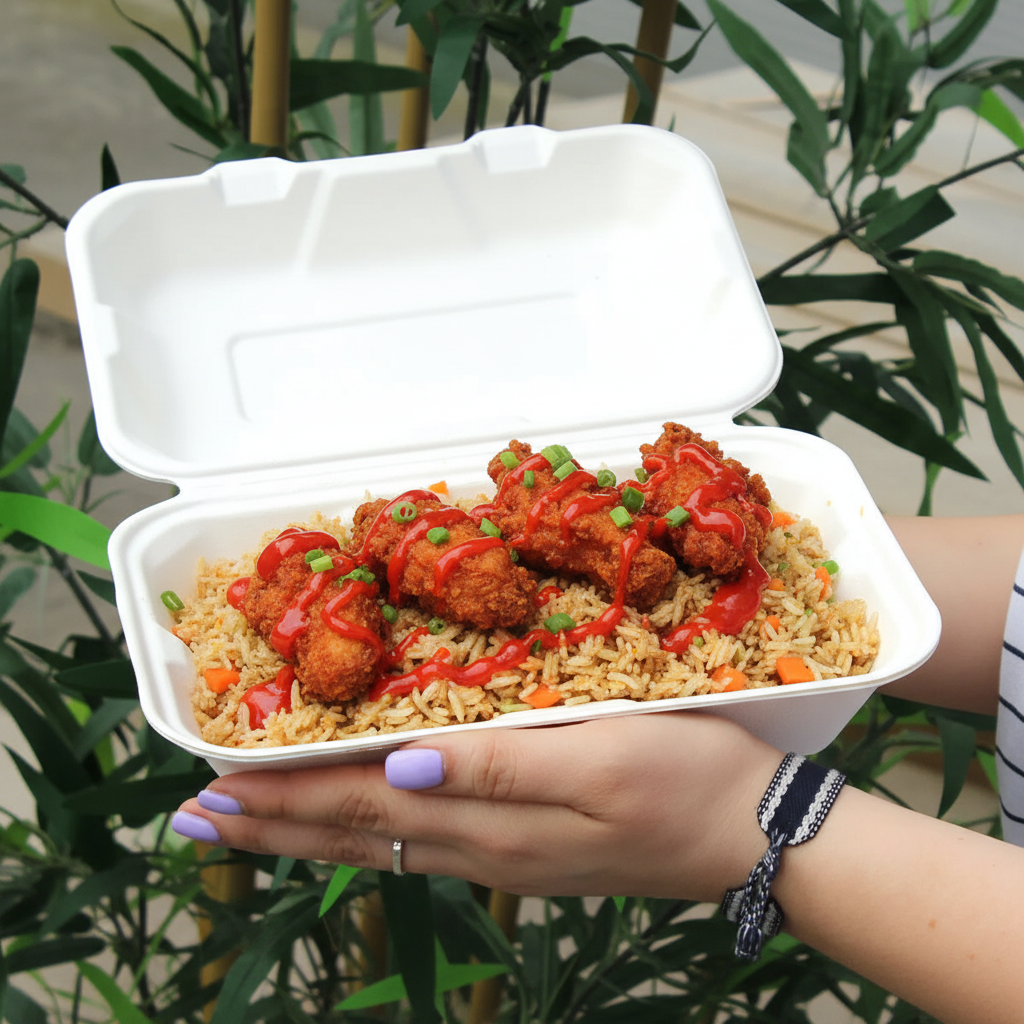 Bagasse meal box with fried rice, chili chicken and red sauce