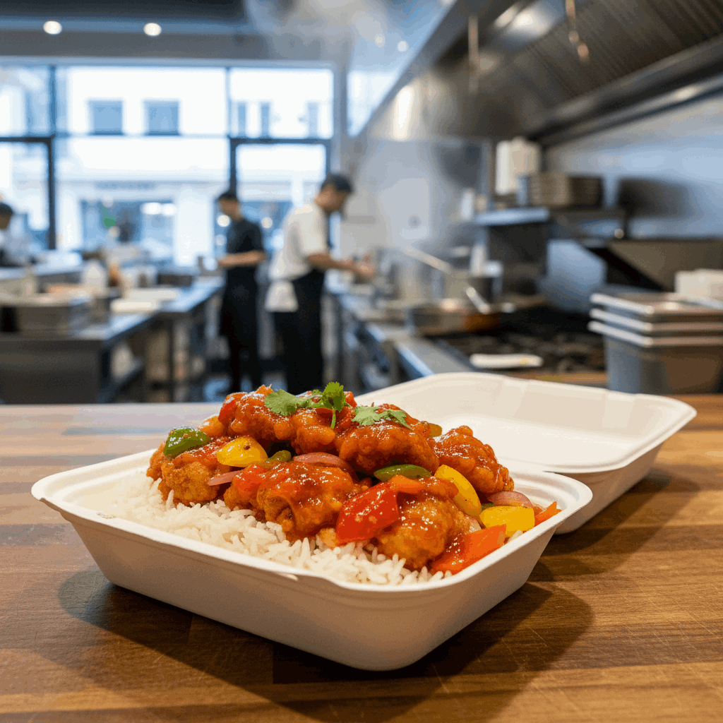 Bagasse meal box with rice and sweet and sour chili chicken