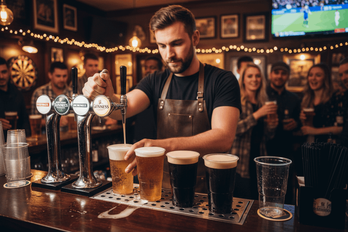 Bartender filling pint flexi glasses in busy pub