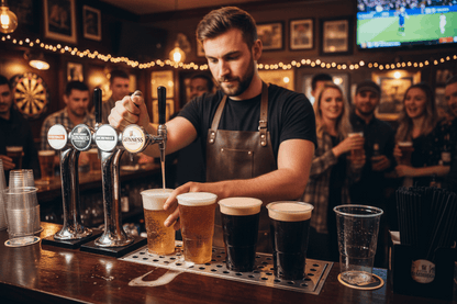 Bartender filling pint flexi glasses in busy pub