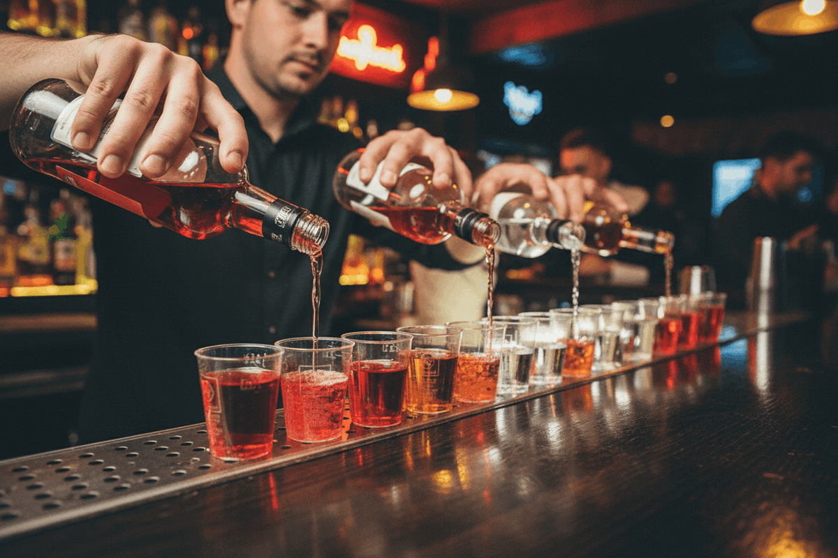 Bartender pouring shots into a line of clear plastic shot glasses on a bar