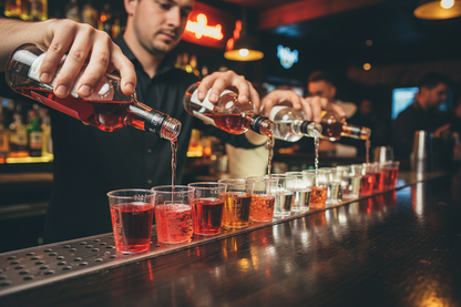 Bartender pouring shots into a line of clear plastic shot glasses on a bar
