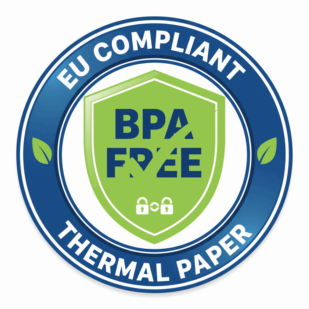BPA-free thermal paper compliance label with blue and green colors on a white background