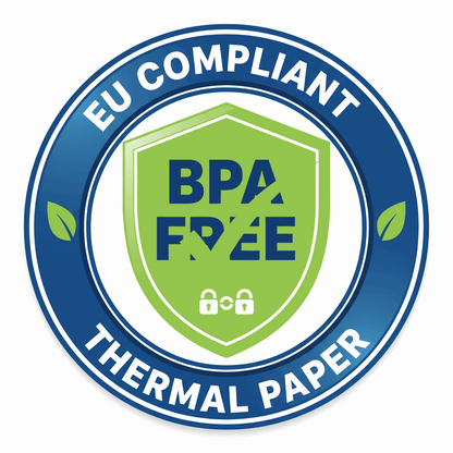 BPA-free thermal paper compliance label with blue and green colors on a white background