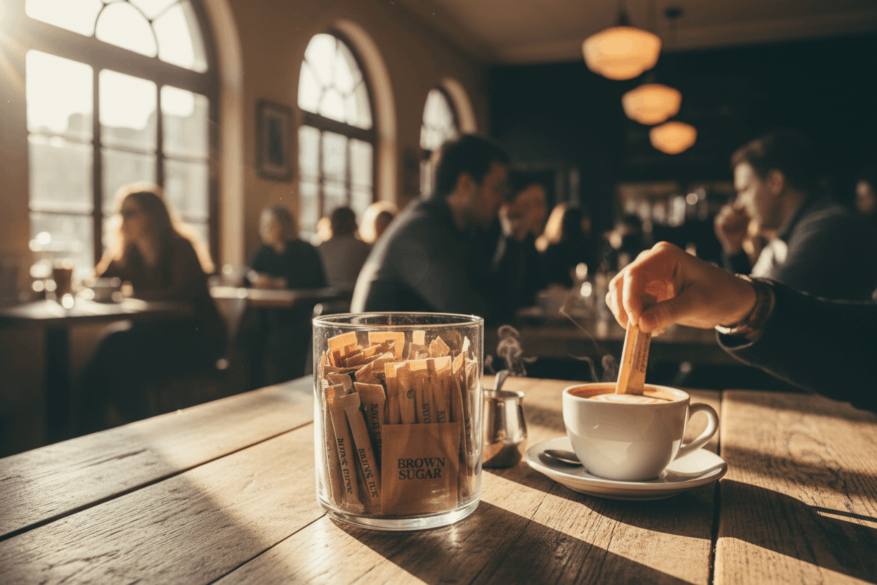 Brown sugar sachets in glass container at busy cafe
