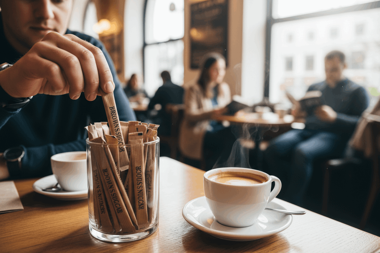 Brown sugar sticks in glass container at busy cafe