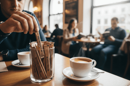 Brown sugar sticks in glass container at busy cafe