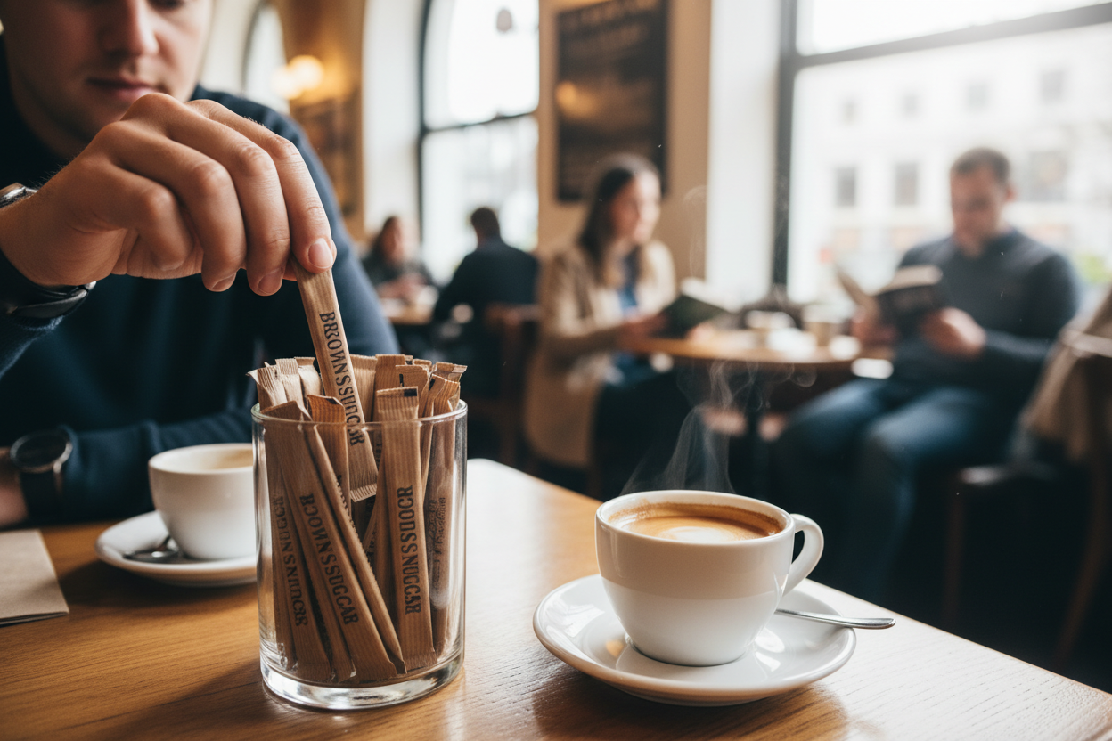 Brown sugar sticks in glass container at busy cafe